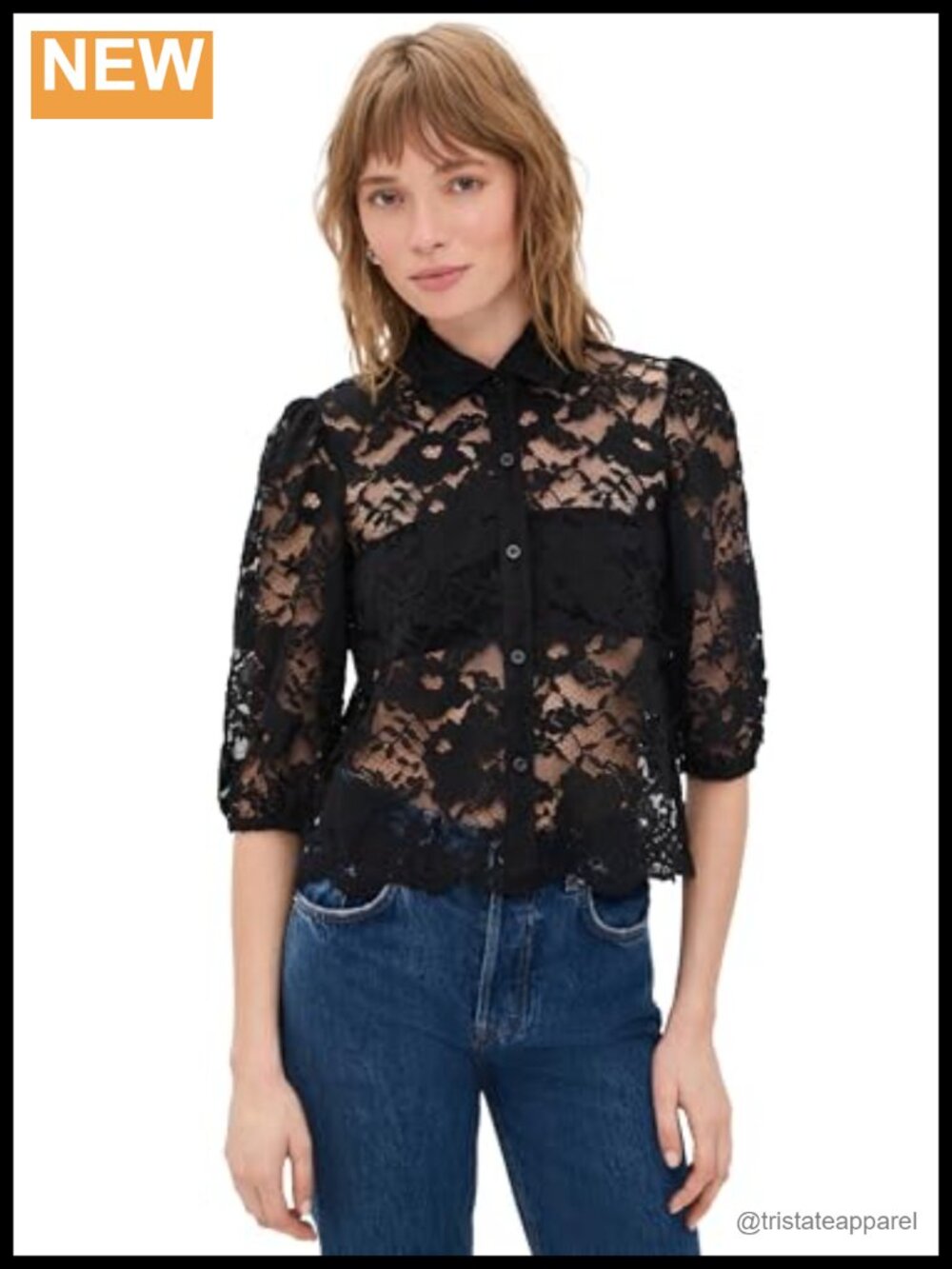Women's Mesh Lace Blouse Floral Scalloped Hem Button Placket